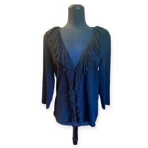 Alex Marie Black Knit Ruffle Collar 3/4 Sleeve Button Cardigan Size Large